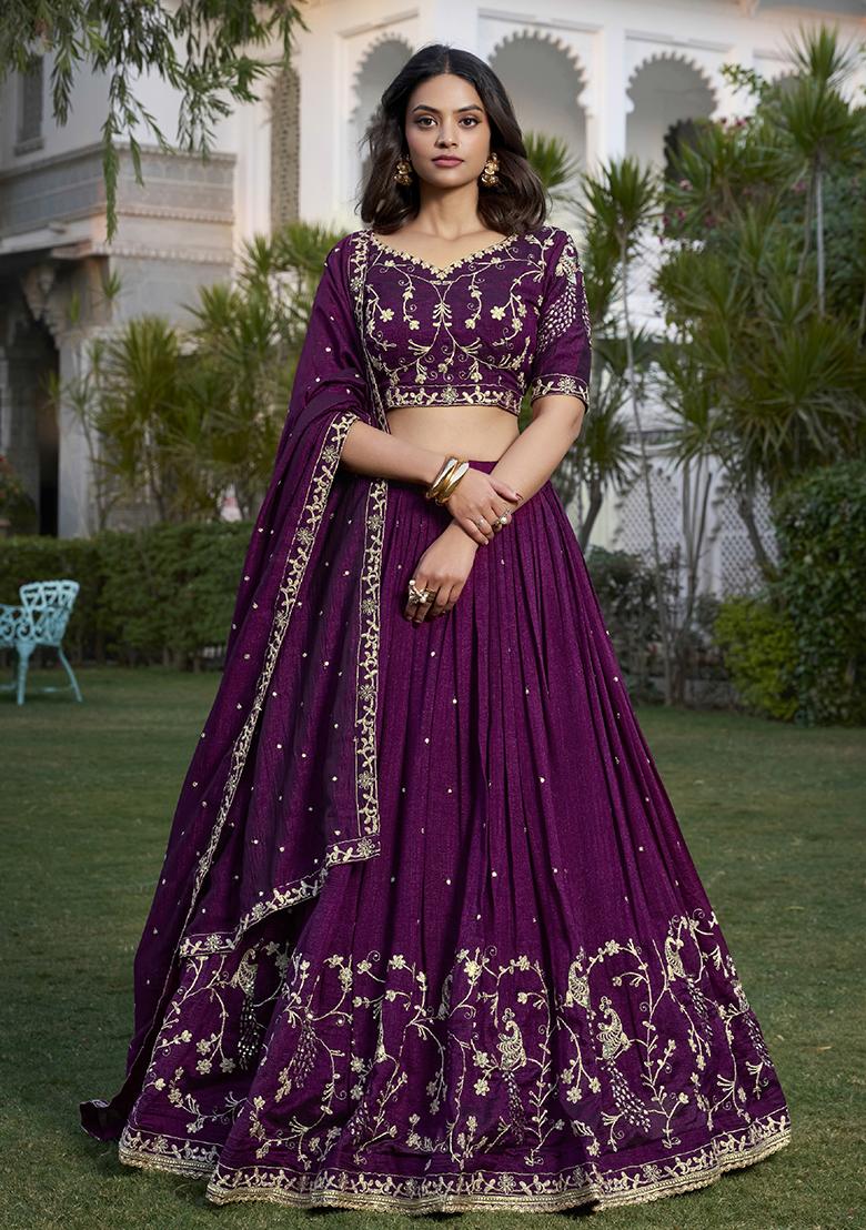 Purple Embroidery Sequin Work Art Silk Lehenga Set With Dupatta - Indya