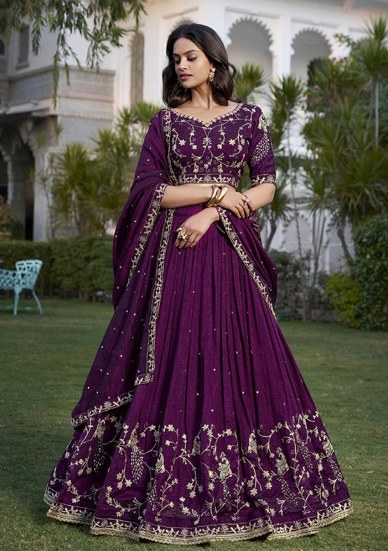Purple Embroidery Sequin Work Art Silk Lehenga Set With Dupatta - Indya
