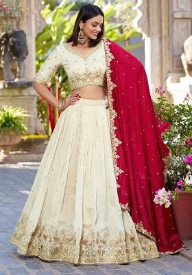 Offwhite Golden Embroidery Sequin Work Art Silk Lehenga Set With Dupatta