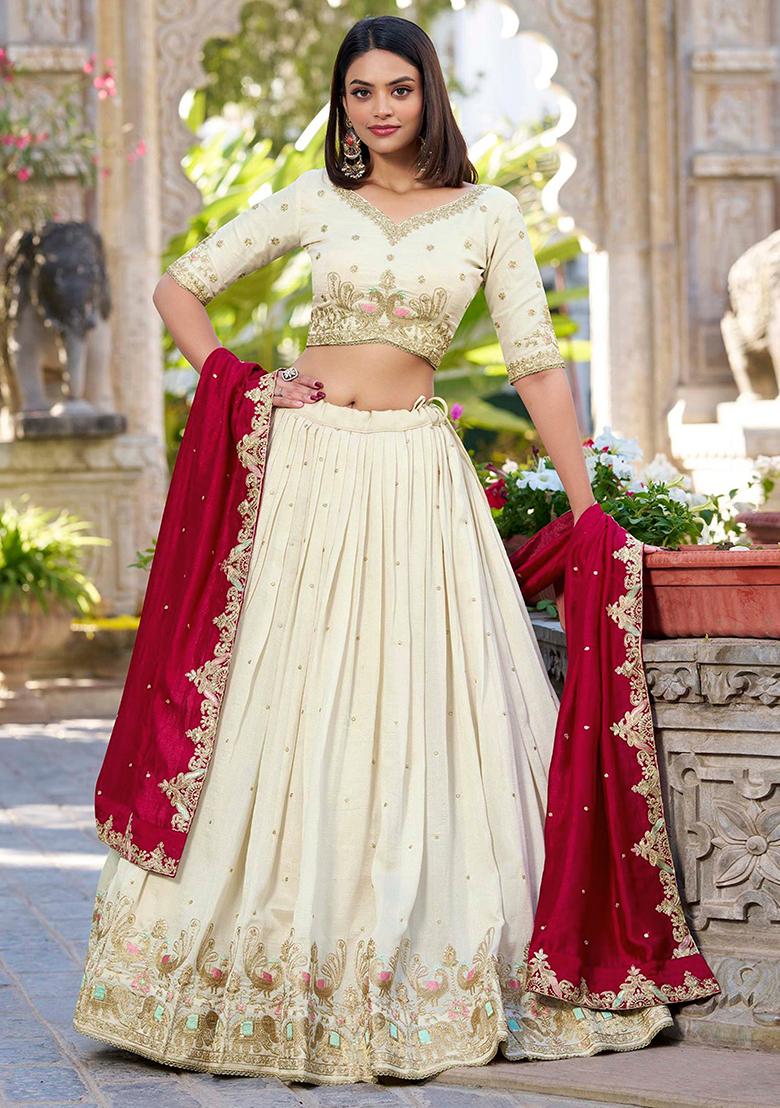 Offwhite Golden Embroidery Sequin Work Art Silk Lehenga Set With Dupatta - Indya