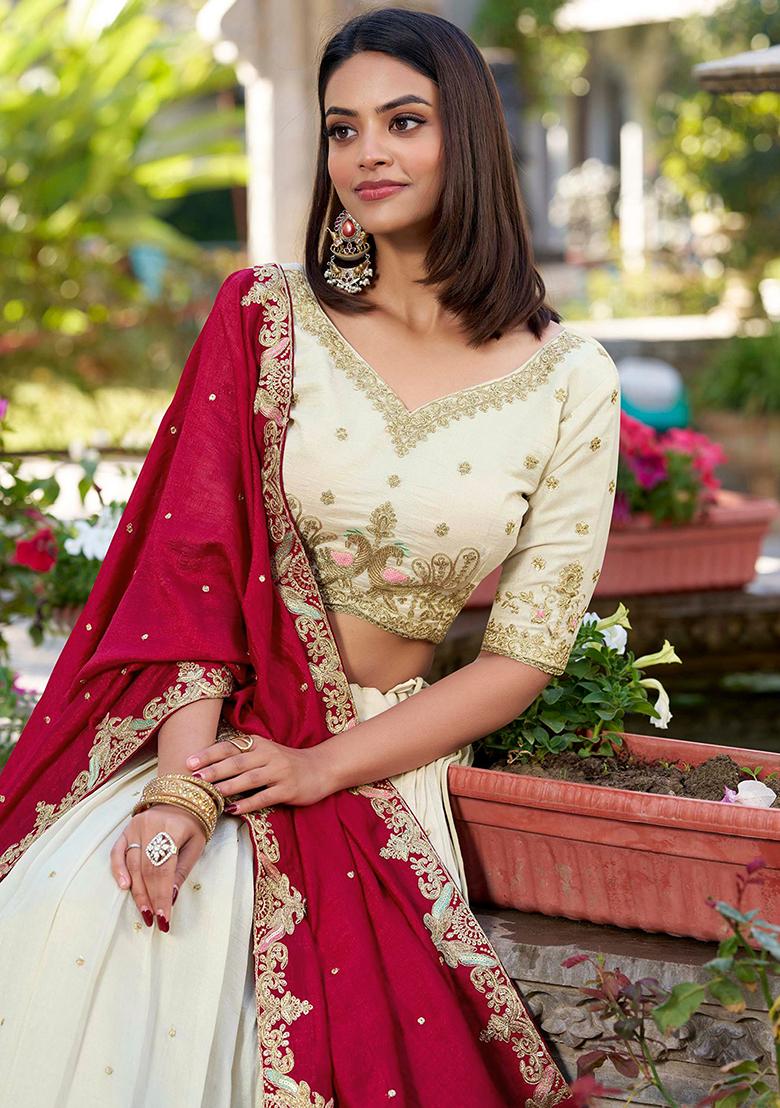 Offwhite Golden Embroidery Sequin Work Art Silk Lehenga Set With Dupatta - Indya