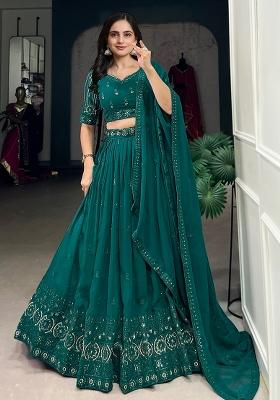 Dark Green Embroidery Sequin Work Georgette Lehenga Set With Dupatta