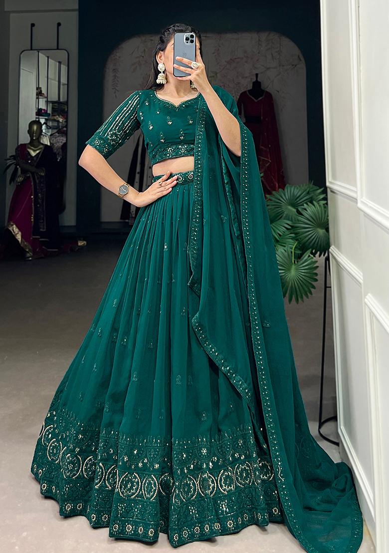 Dark Green Embroidery Sequin Work Georgette Lehenga Set With Dupatta - Indya