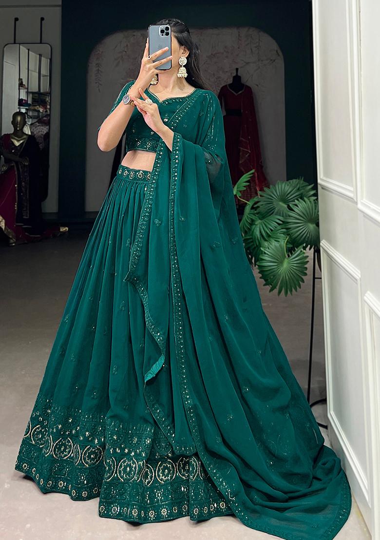 Dark Green Embroidery Sequin Work Georgette Lehenga Set With Dupatta - Indya