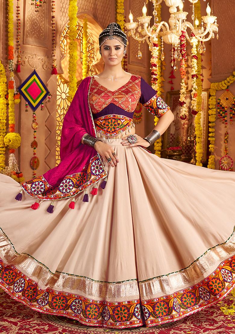 Beige Embroidered Viscose Lehenga Set With Dupatta