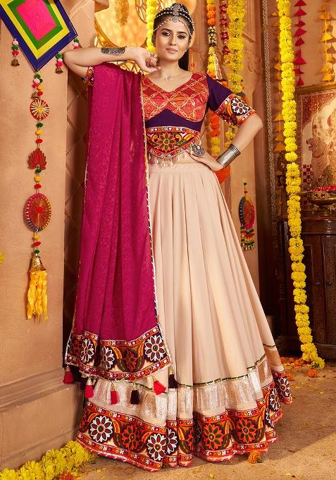 Beige Embroidered Viscose Lehenga Set With Dupatta