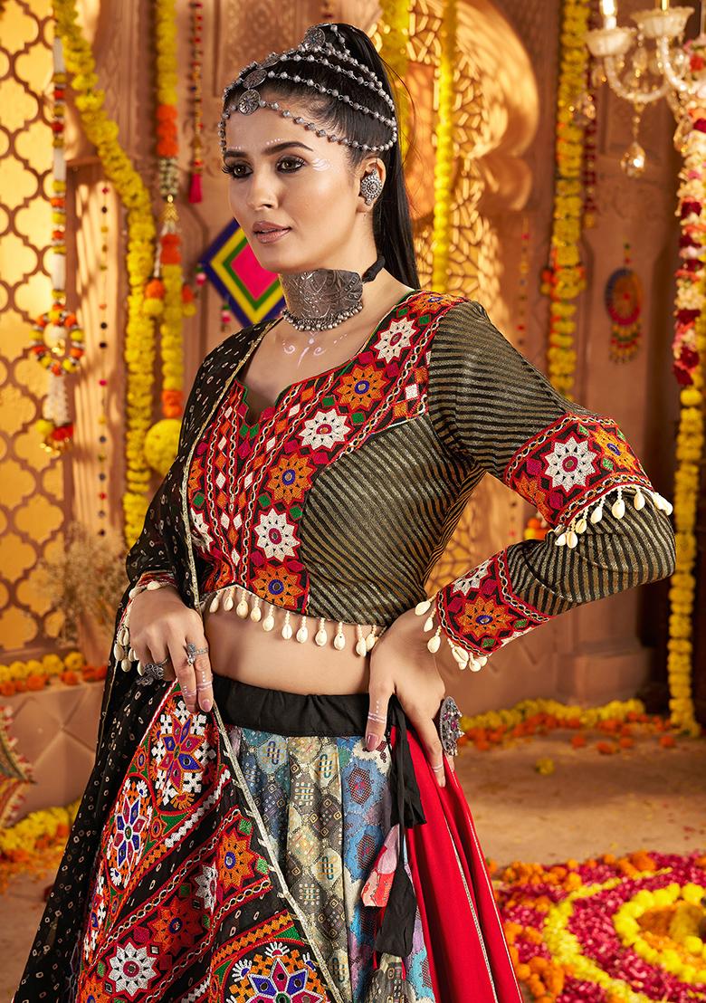 Black Embroidered Viscose Lehenga Set With Dupatta
