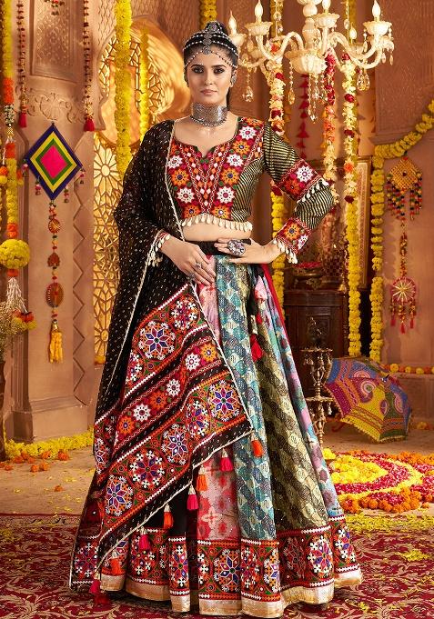 Black Embroidered Viscose Lehenga Set With Dupatta