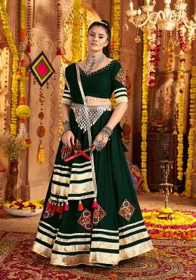 Green Embroidered Viscose Lehenga Set With Dupatta