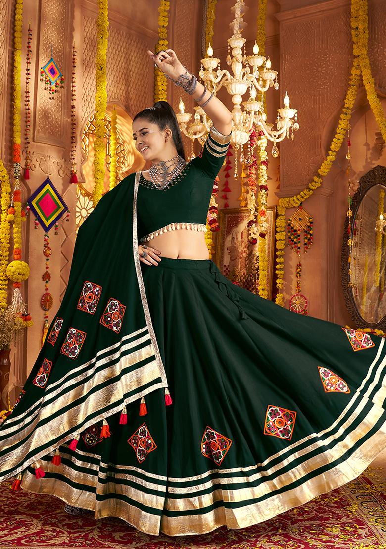 Green Embroidered Viscose Lehenga Set With Dupatta