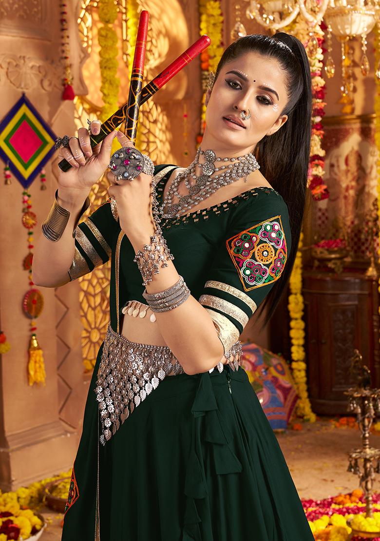 Green Embroidered Viscose Lehenga Set With Dupatta