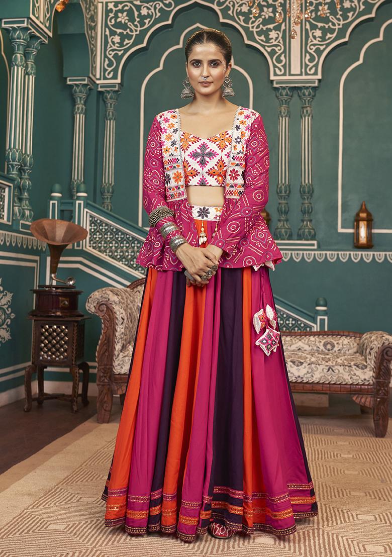 Multicolor Embroidered Silk Lehenga Set With Dupatta