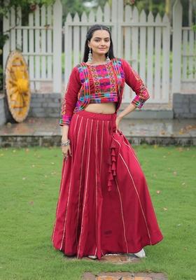 Multicolor Embroidered Poly Blended Lehenga Set With Dupatta