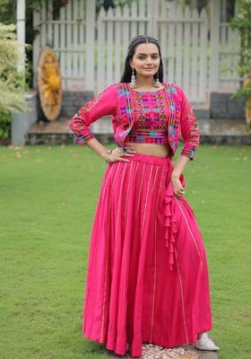 Multicolor Embroidered Poly Blended Lehenga Set With Dupatta
