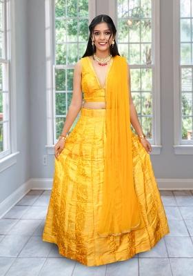 Yellow Embroidered Brocade Lehenga Set With Dupatta