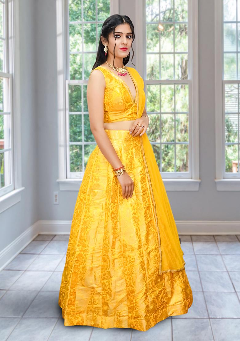 Yellow Embroidered Brocade Lehenga Set With Dupatta