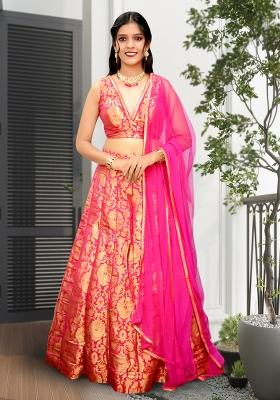 Magenta Embroidered Brocade Lehenga Set With Dupatta