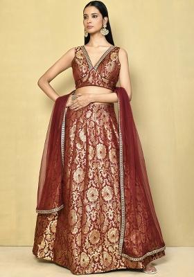 Maroon Embroidered Brocade Lehenga Set With Dupatta