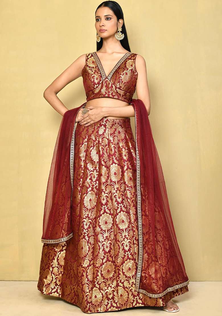 Maroon Embroidered Brocade Lehenga Set With Dupatta - Indya