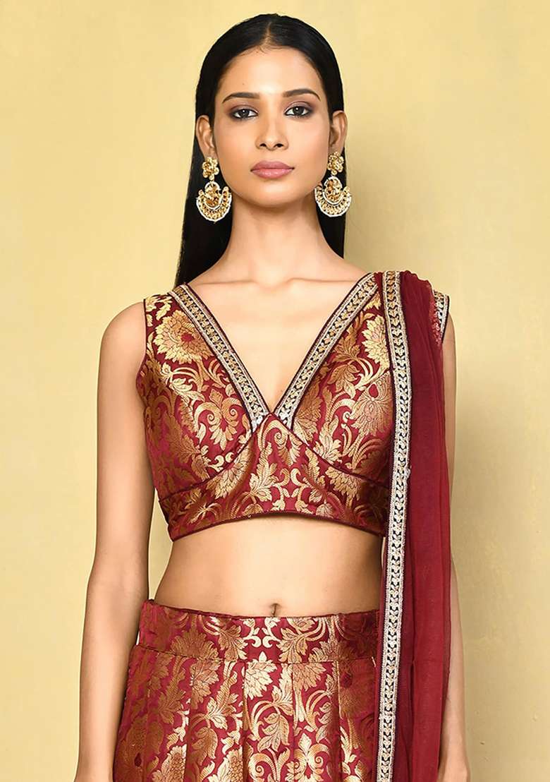 Maroon Embroidered Brocade Lehenga Set With Dupatta - Indya