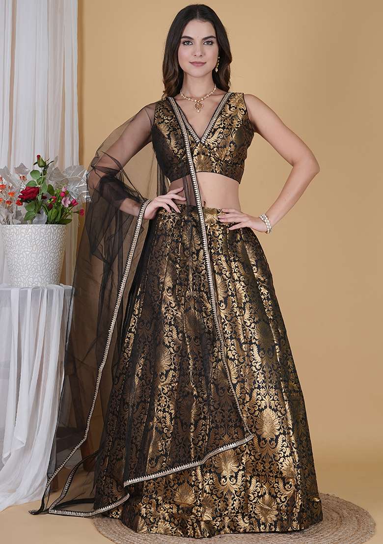Black Embroidered Brocade Lehenga Set With Dupatta - Indya