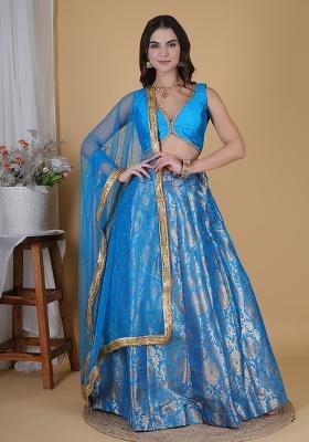 Terquoise Embroidered Brocade Lehenga Set With Dupatta