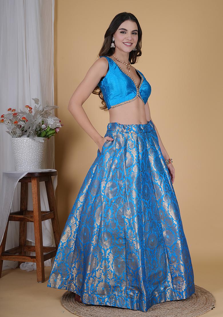 Terquoise Embroidered Brocade Lehenga Set With Dupatta