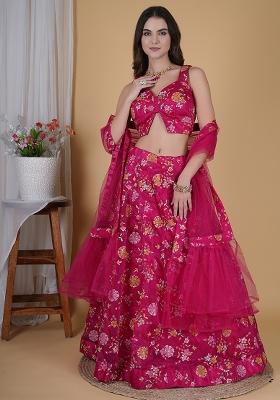 Hot Pink Embroidered Organza Lehenga Set With Dupatta