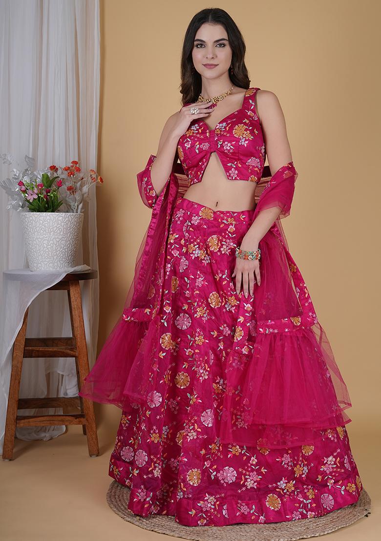 Hot Pink Embroidered Organza Lehenga Set With Dupatta