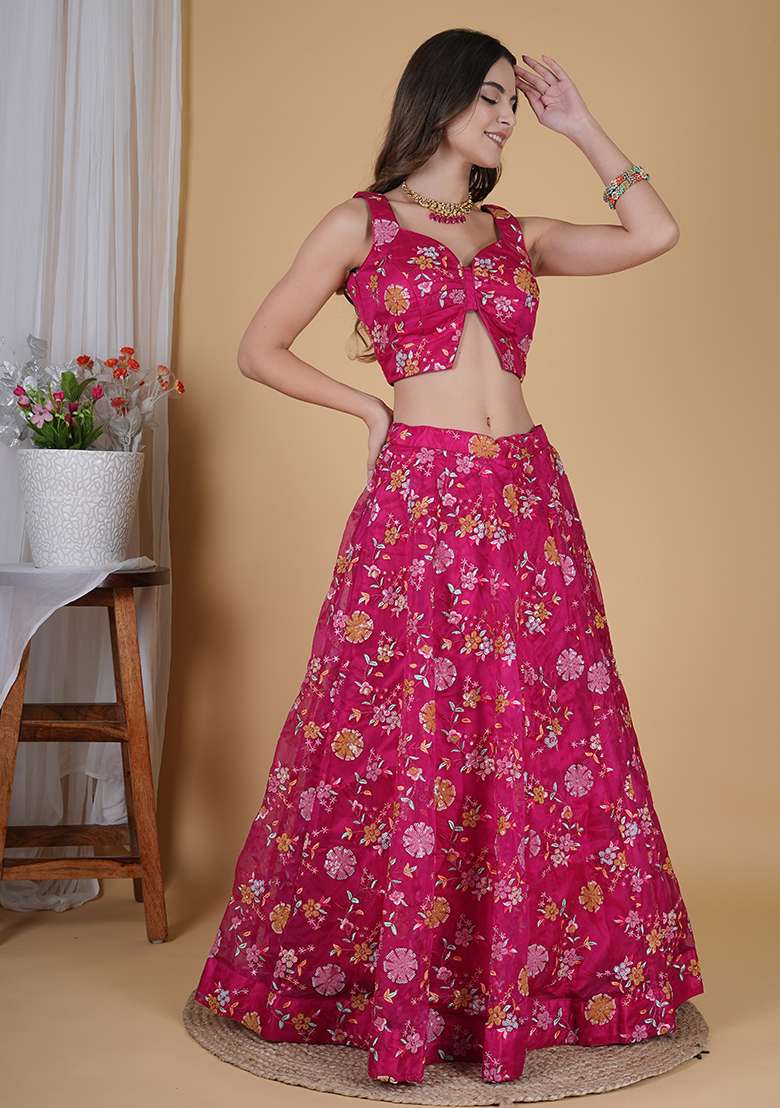 Hot Pink Embroidered Organza Lehenga Set With Dupatta - Indya