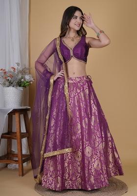 Wine Embroidered Brocade Lehenga Set With Dupatta