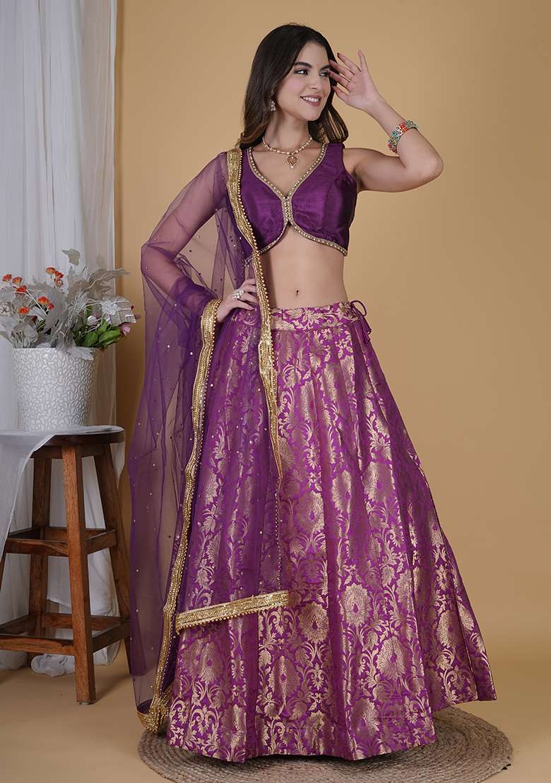 Wine Embroidered Brocade Lehenga Set With Dupatta - Indya