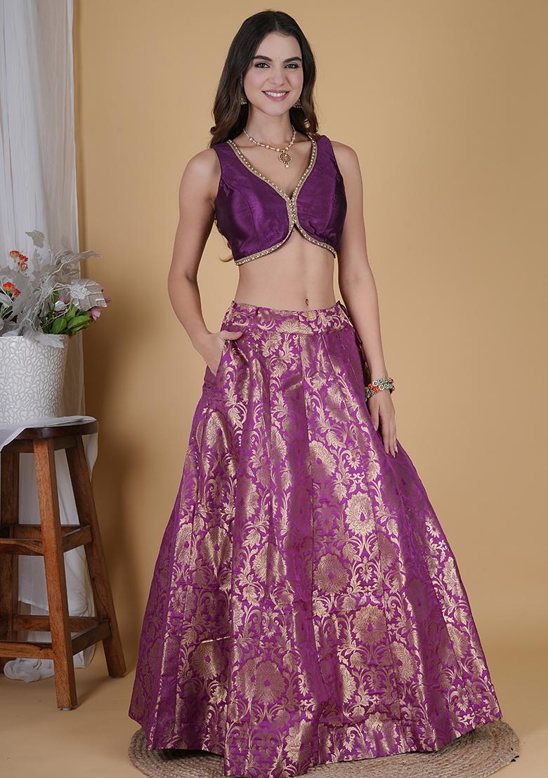 Wine Embroidered Brocade Lehenga Set With Dupatta