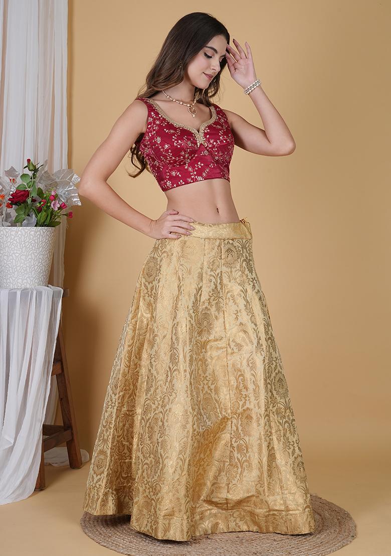 Golden Embroidered Brocade Lehenga Set With Dupatta