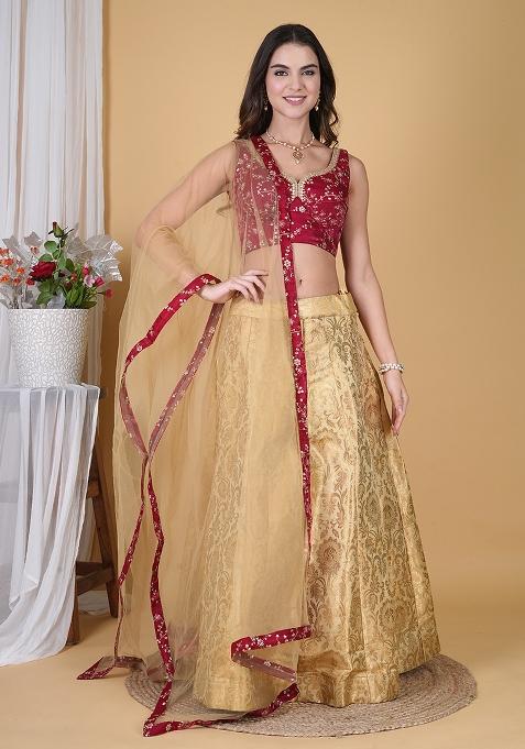 Golden Embroidered Brocade Lehenga Set With Dupatta