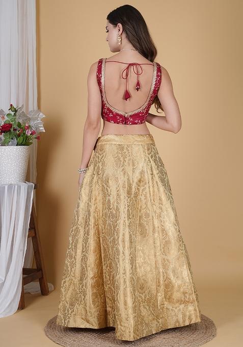 Golden Embroidered Brocade Lehenga Set With Dupatta