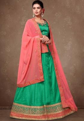 Aqua Green Embroidered Silk Lehenga Set With Dupatta