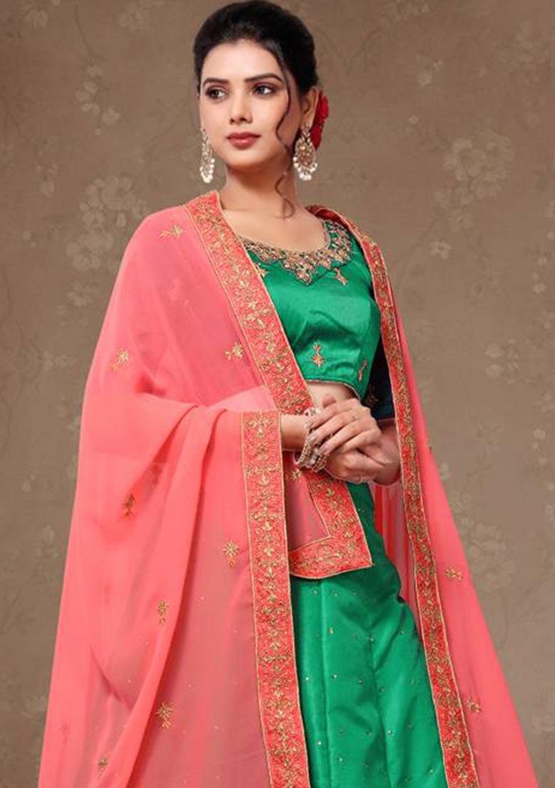 Aqua Green Embroidered Silk Lehenga Set With Dupatta