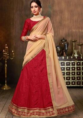 Red Embroidered Silk Lehenga Set With Dupatta