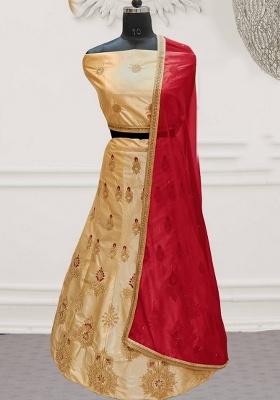 Cream Embroidered Silk Lehenga Set With Dupatta