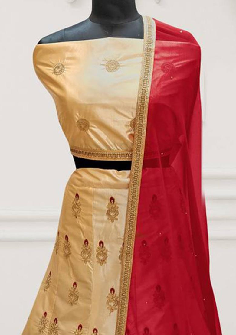 Cream Embroidered Silk Lehenga Set With Dupatta