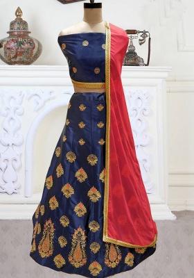 Blue Embroidered Silk Lehenga Set With Dupatta
