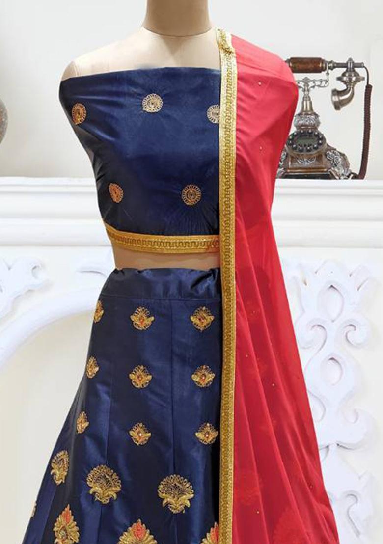 Blue Embroidered Silk Lehenga Set With Dupatta