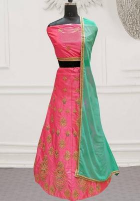 Pink Embroidered Silk Lehenga Set With Dupatta