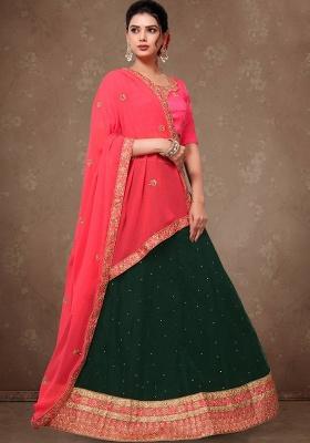 Green Embroidered Silk Lehenga Set With Dupatta