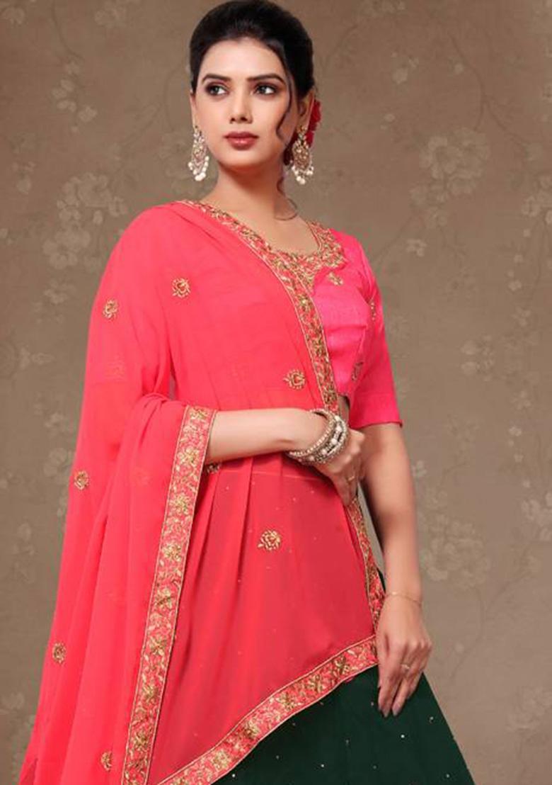 Green Embroidered Silk Lehenga Set With Dupatta