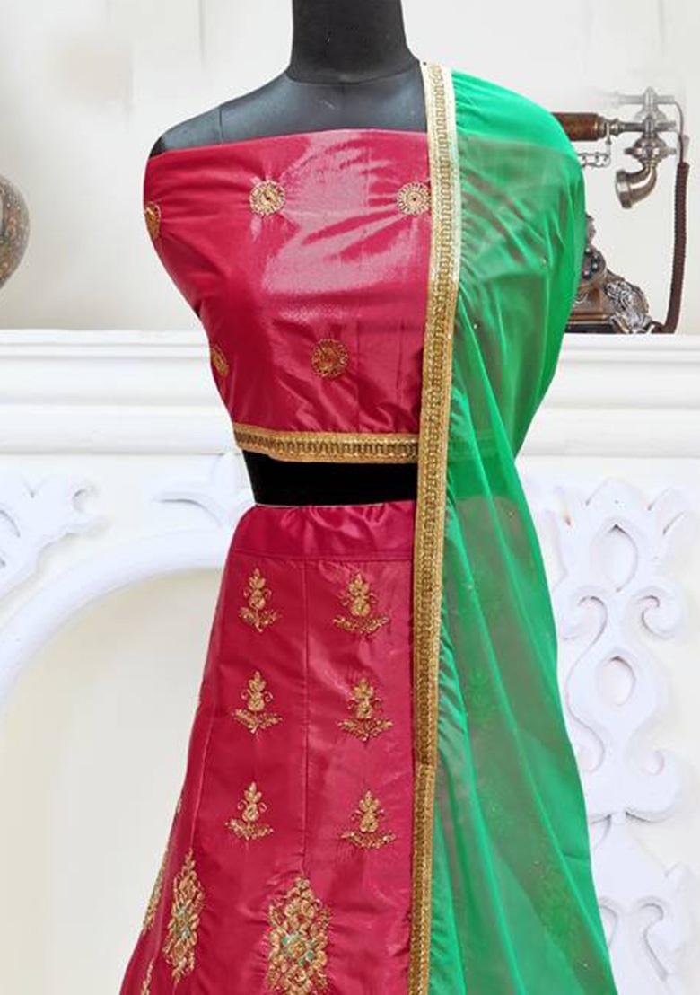 Pink Embroidered Silk Lehenga Set With Dupatta