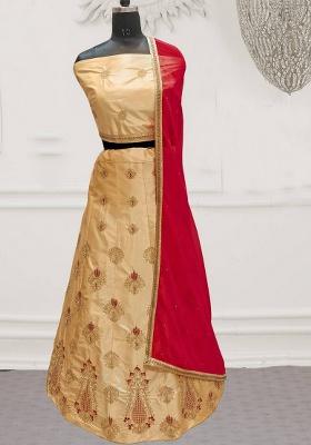 Cream Embroidered Silk Lehenga Set With Dupatta