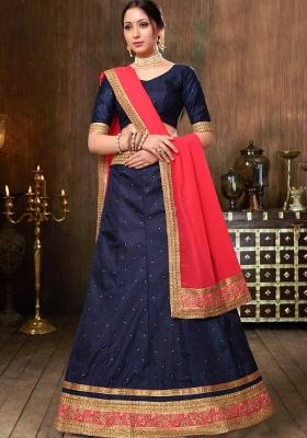 Blue Embroidered Silk Lehenga Set With Dupatta