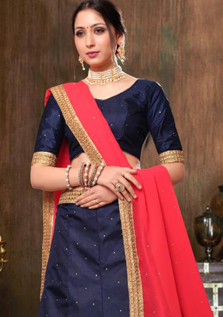 Blue Embroidered Silk Lehenga Set With Dupatta